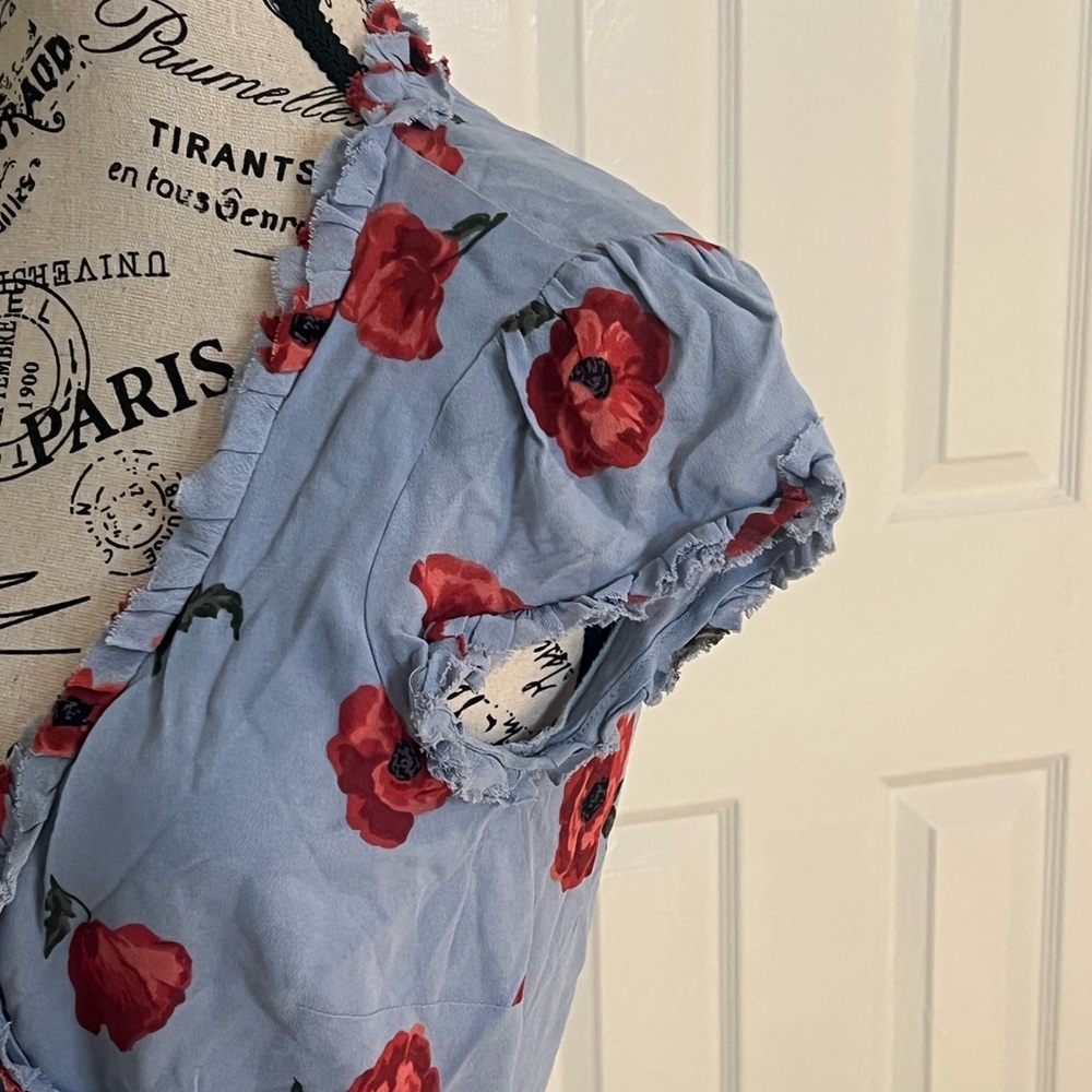 Reformation Floral Wrap Garnet Dress | SZ S | Blue with Poppy Flowers | Like New - Picture 6 of 14